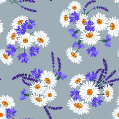 Seamless pattern with field chamomile, cornflowers and lavender on a blue background. Vector illustration.