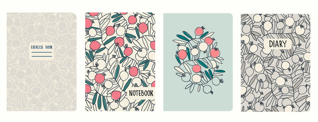 Fototapeta na wymiar Set of cover page templates with pomegranates branches and fruit. Based on seamless patterns. Headers isolated and replaceable. Perfect for school notebooks, diaries