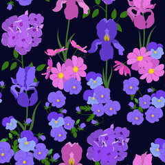 Seamless vector illustration with phlox,kosmea, iris and pansies on a dark blue background.