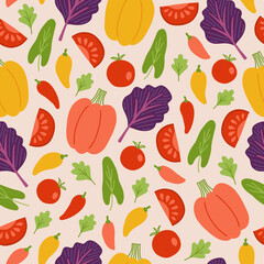 Vegetables seamless pattern with pepper, tomato, sorrel, parsley, salad