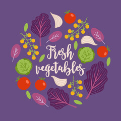 Vegetables card with salad, tomato, brussels sprout, garlic, leaves