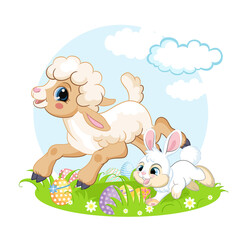 Little cute funny characters lamb and rabbit vector