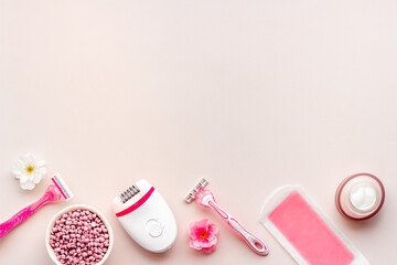 Set for epilation - epilator with cosmetic spa treatments. Depilatory concept.