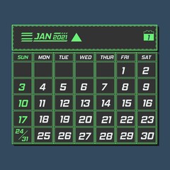 calendar sheet for January 2021 which is simple and green in letters