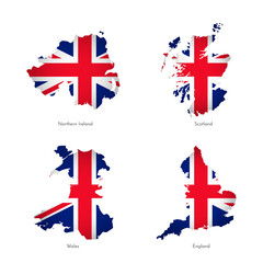 Vector illustrations with simplified maps of regions of United Kingdom (Scotland, England, Northern Ireland, Wales). National british flag with cross (red, white, blue colors). Union Jack