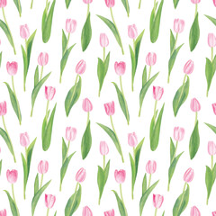 Fototapeta na wymiar Watercolor pink tulip seamless pattern. Summer pink flowers isolated on white background.