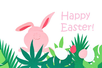 Easter creativity. Cut out paper rabbit, back view.