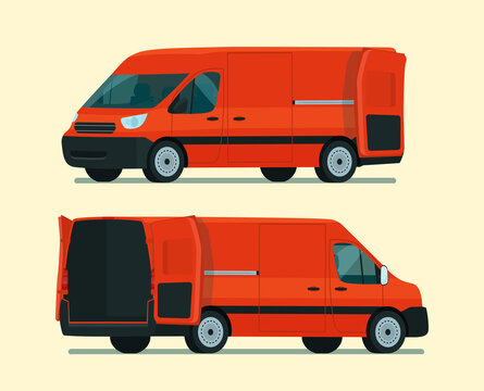 Cargo van two angle set. Van with open cargo door. Vector flat style illustration.