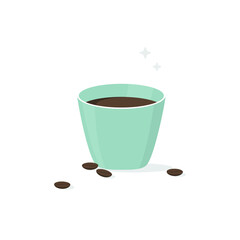 Vector illustration of blue cup with hot morning coffee and coffee beans on background.