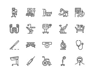 Medical examination equipment flat line icon set. Vector illustration diagnostic tools. Symbols for a complete survey of patients. Editable strokes.