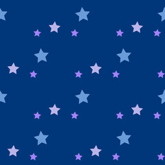 Seamless pattern in light blue and violet stars on dark blue background for fabric, textile, clothes, tablecloth and other things. Vector image.