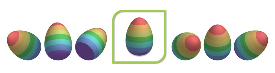 3D set of rainbow eggs. Iridescent Easter objects in seven projections