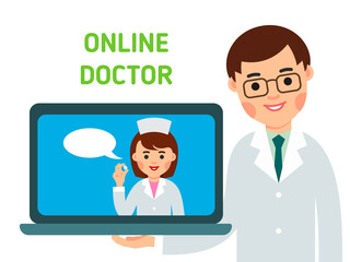 Doctor online. Consultant on screen notebook. Pill trading app. Medical assistance, help, support network. Isolated illustration in flat style on white background. Modern consultashion service