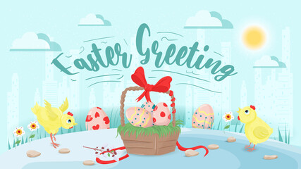 Easter greeting Large inscription chicken stands in a clearing next to a basket of colored eggs flat vector illustration banner for holiday design decoration