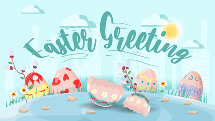 Easter greeting Large inscription Easter eggs in the grass and broken shell flat vector illustration banner for holiday design decoration