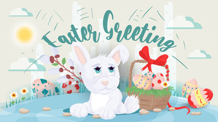Easter greeting Large inscription peeking out of a hole next to a basket of eggs flat vector illustration banner for holiday design decoration