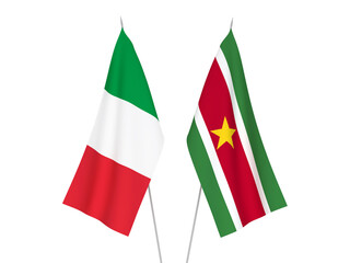 National fabric flags of Italy and Suriname isolated on white background. 3d rendering illustration.