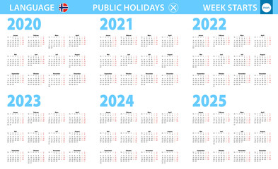 Calendar in Norwegian language for year 2020, 2021, 2022, 2023, 2024, 2025. Week starts from Monday.