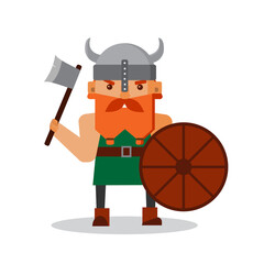 A Viking with a shield and an axe. Vector illustration in flat style