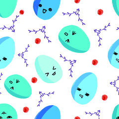 pattern on a white background with blue Easter eggs with emotions. red circles and branches. vector illustration.