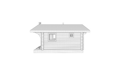 black and white drawing of a small log cabin, a wooden house side view on an isolated white background