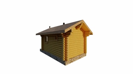 Photorealistic picture of a small log bathhouse with 2 windows and a door on a white isolated background. Side view!