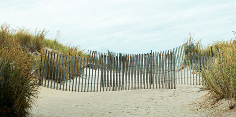 Wooden picket fences blocking entrance between the dunes