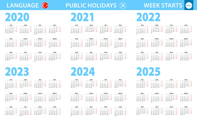 Calendar in Turkish language for year 2020, 2021, 2022, 2023, 2024, 2025. Week starts from Monday.