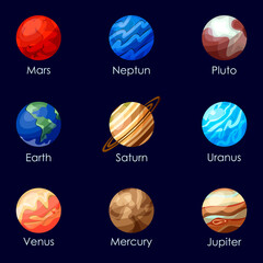 Set of solar system planets in flat style. Vector illustration on the dark space sky.