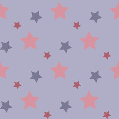 Seamless pattern in discreet pink and violet stars on light violet background for fabric, textile, clothes, tablecloth and other things. Vector image.