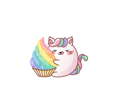 Cat Kitty kitten hug cupcake dessert delicious kawaii chibi Japanese style Emoji character sticker emoticon smile mascot