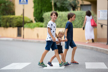 Children, boy brothers, siblings holding hands and crossing crosswalk on the street