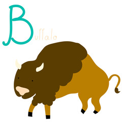 Educational Cartoon Vector Illustration Hand drawn English letter B. Alphabet with buffalo. Animal Character for children design.
