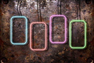 neon glowing multicolored frames hanging on rusty brown background