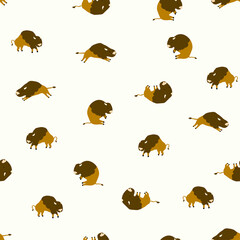 Funny vector seamless pattern with cute buffaloes or bulls. Cute zoo print  on  white  background. Simple and stylish Scandinavian repeat texture.