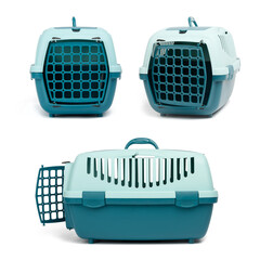 large plastic carrier cage for cats and dogs on white background