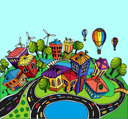 Unusual perspective of the city, drawn sketch,  illustration.