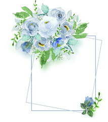 Vector watercolor light blue vintage roses bouquet with double wire open space frames