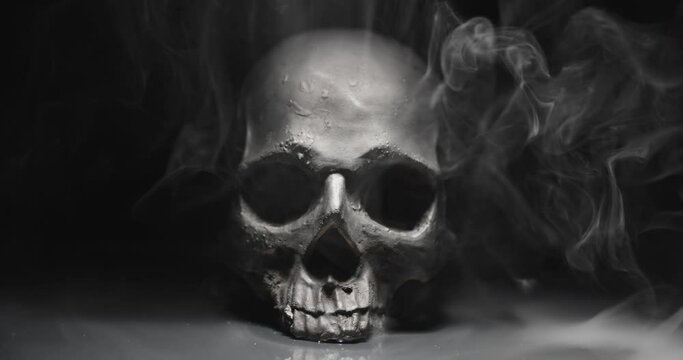 Black skull in the darkness with smoke and fog