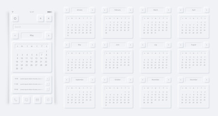 Neumorphism style calendar. Modern website or mobile app design. 2021 year calendar for smartphone, tablets or computers. Neumorphic UI UX design.