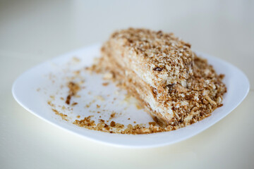 Napoleon cake, homemade. On a white plate.