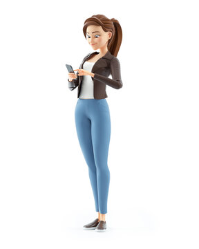 3d cartoon woman looking smartphone
