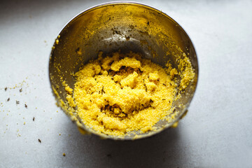 Black ants in a corn plate. Background texture.