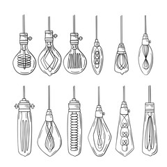 Set of hand drawn vintage edison lamp. Lightbubles retro illustration.