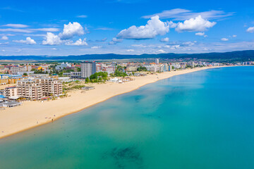 Aerial view of Sunny beach - a popular holiday resort in Bulgaria - obrazy, fototapety, plakaty