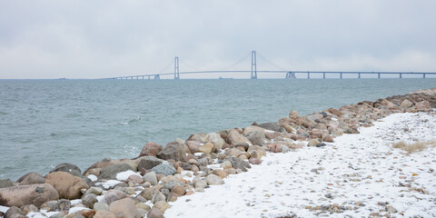 Big bridge in Denmark with fog