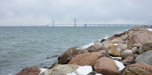 Big bridge in Denmark with fog