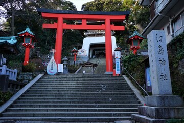Red Torii gate at Enoshima Shrine (Hetsunomiya) in Kanagawa prefecture, Japan- 鳥居 江島神社...