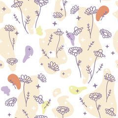 Vector Chamomile Flowers with Colorful Organic Abstract Shapes seamless pattern background. Perfect for fabric, wallpaper and scrapbooking projects.