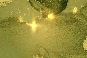 Olive green marble pattern with golden dust. Abstract vector background in alcohol ink technique. Modern paint with glitter. Template for banner, poster design. Fluid art painting